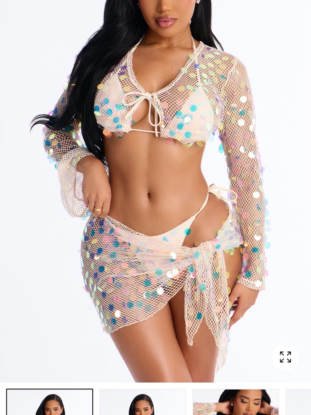 Mesh Sequin Bikini Cover-Up Set in Beige